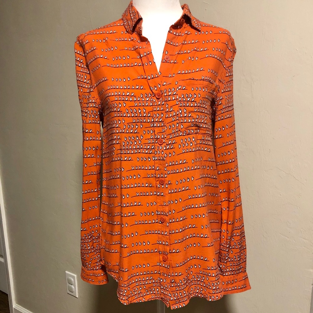 Orange Heart Long Sleeve Button Up Shirt